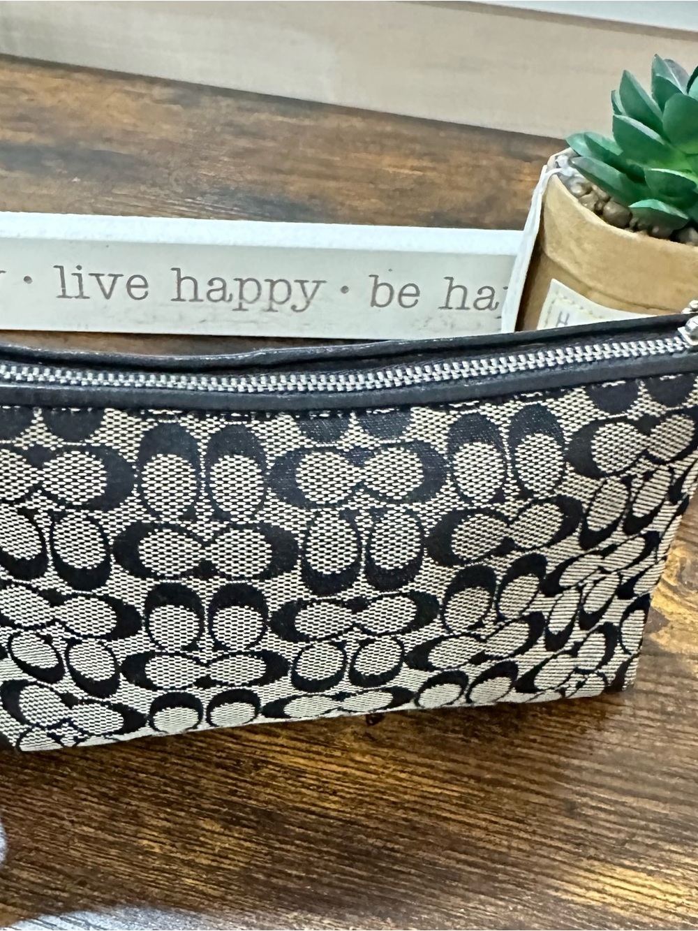 Coach Signature Jacquard Cosmetic Bag | Black & Khaki Mini Makeup Pouch - Picture 3 of 6